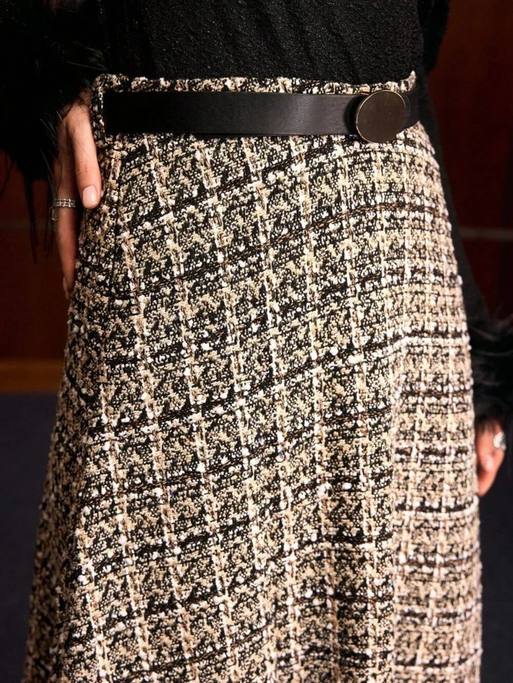 Multicolor Elegant Women's High Waist Belted Zipper Fringe Hem Flared Skirt